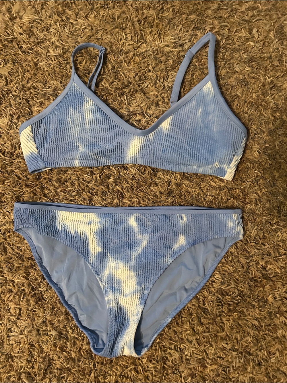 aerie Blue and White Tie-Dye Ribbed Bikini Set